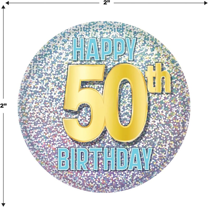 Beistle 6 Piece Prismatic Happy 50th Birthday Party Favors Pinback Buttons Over The Hill Decorations BlueGoldSilver 2 - Image 3