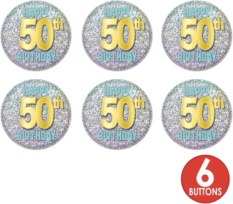 Beistle 6 Piece Prismatic Happy 50th Birthday Party Favors Pinback Buttons Over The Hill Decorations BlueGoldSilver 2 - Image 4