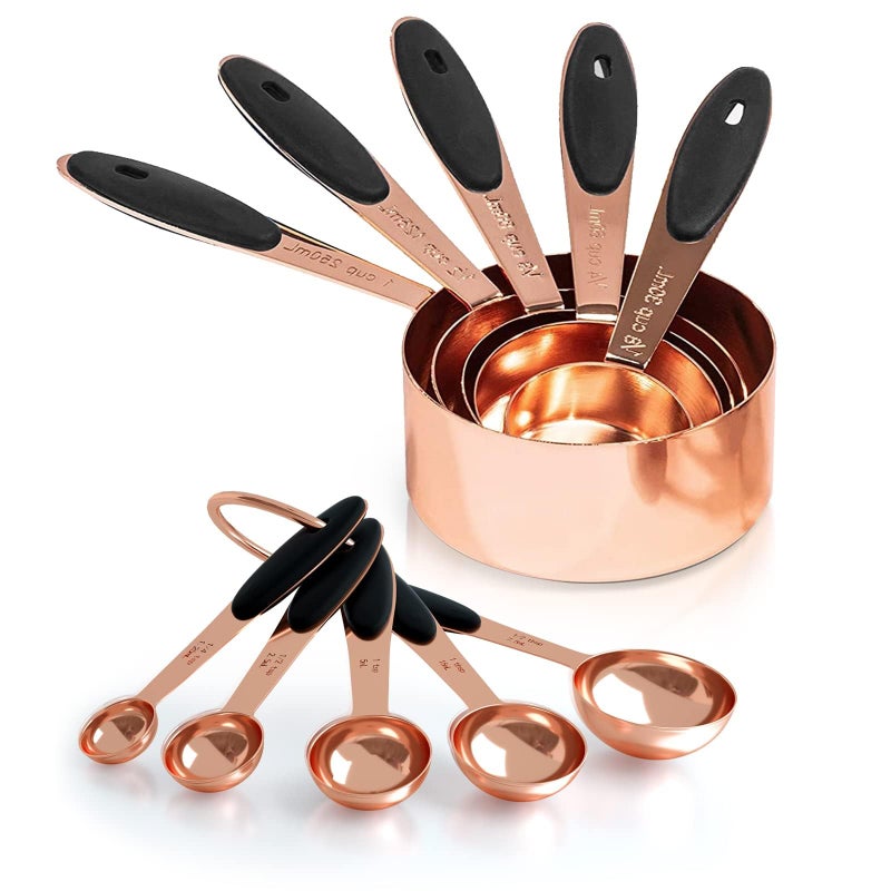Joyhill Copper Measuring Cups and Spoons Set of 10 Piece Stainless Steel Nesting Measuring Cup Set with Soft Touch Silicone Handles for Dry and Liquid Ingredients
