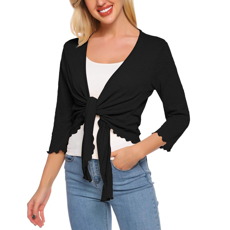SATINIOR Womens Sheer Shrug Bolero Tie Knot Cardigan Lightweight with 3/4 Lace Sleeves (Black, XXL) - Image 1