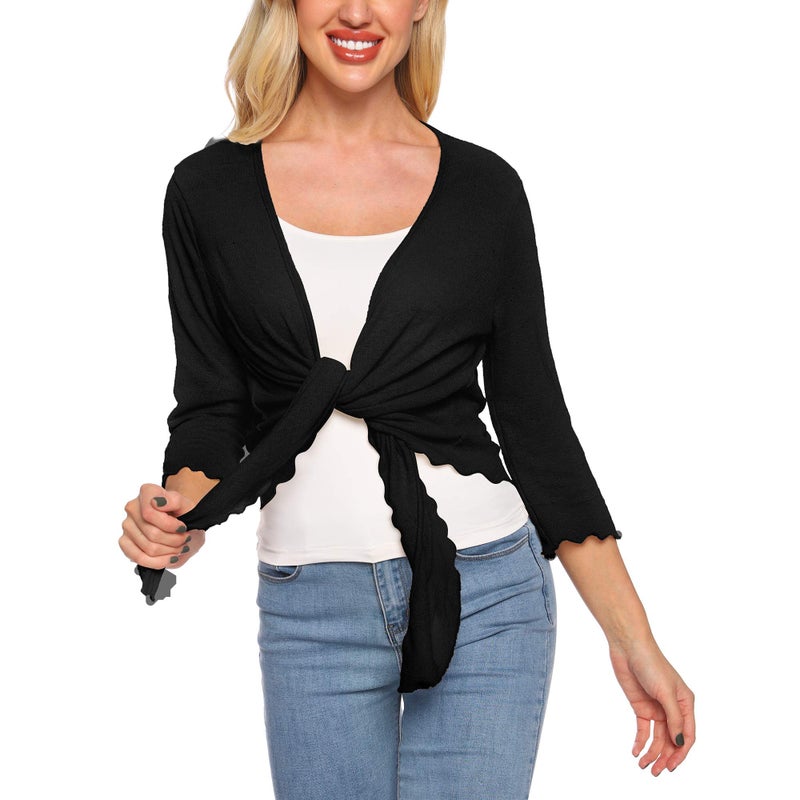 SATINIOR Womens Sheer Shrug Bolero Tie Knot Cardigan Lightweight with 3/4 Lace Sleeves (Black, XXL) - Image 5