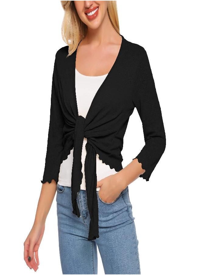 Satinior SATINIOR Womens Sheer Shrug Bolero Tie Knot Cardigan Lightweight with 3/4 Lace Sleeves (Black, XXL)  - Image 4