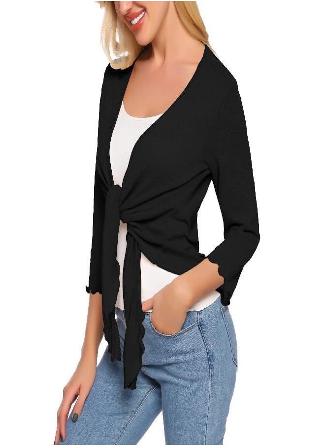 Satinior SATINIOR Womens Sheer Shrug Bolero Tie Knot Cardigan Lightweight with 3/4 Lace Sleeves (Black, XXL)  - Image 1