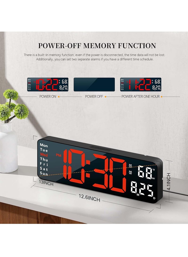 Digital Clock, Digital Wall Clock for Living Room Decor, Bedroom Computer Alarm Clock, Large Wall Clock with Remote Control, Auto Brightness Dimmer LED Clock with Date and Week Temperature (Red-B)