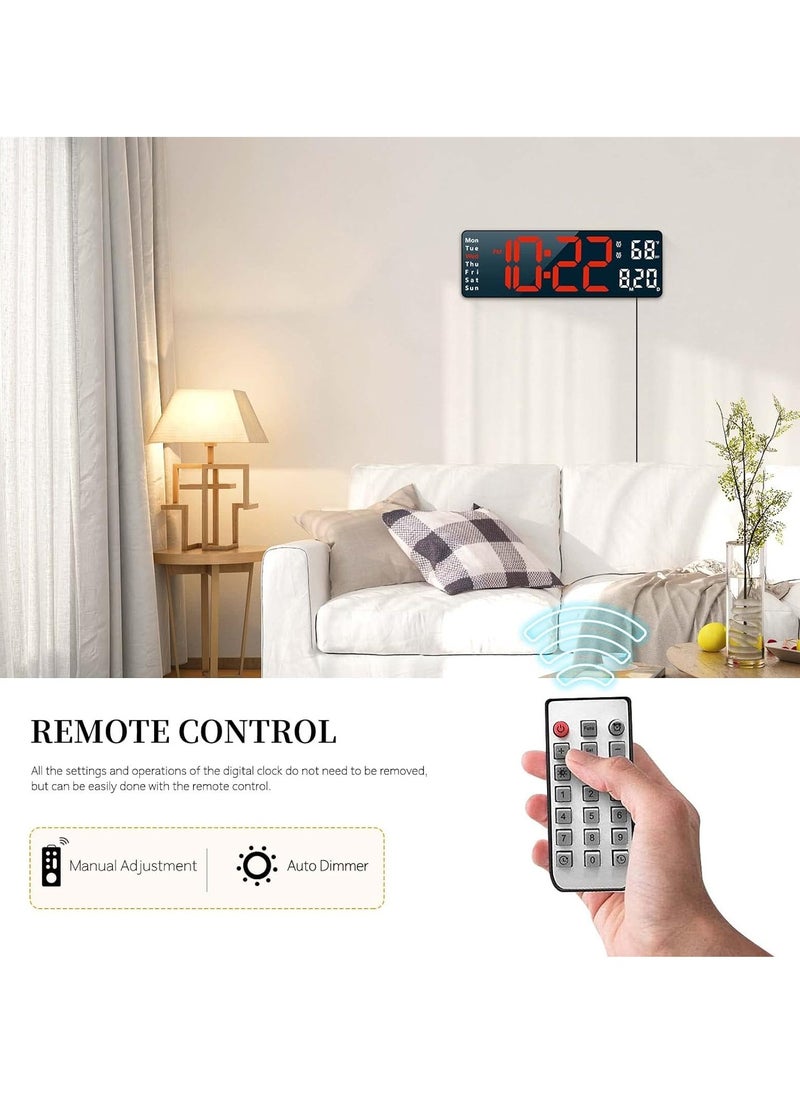 Digital Clock, Digital Wall Clock for Living Room Decor, Bedroom Computer Alarm Clock, Large Wall Clock with Remote Control, Auto Brightness Dimmer LED Clock with Date and Week Temperature (Red-B)