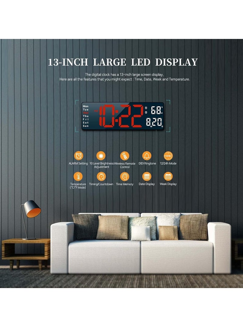 Digital Clock, Digital Wall Clock for Living Room Decor, Bedroom Computer Alarm Clock, Large Wall Clock with Remote Control, Auto Brightness Dimmer LED Clock with Date and Week Temperature (Red-B)