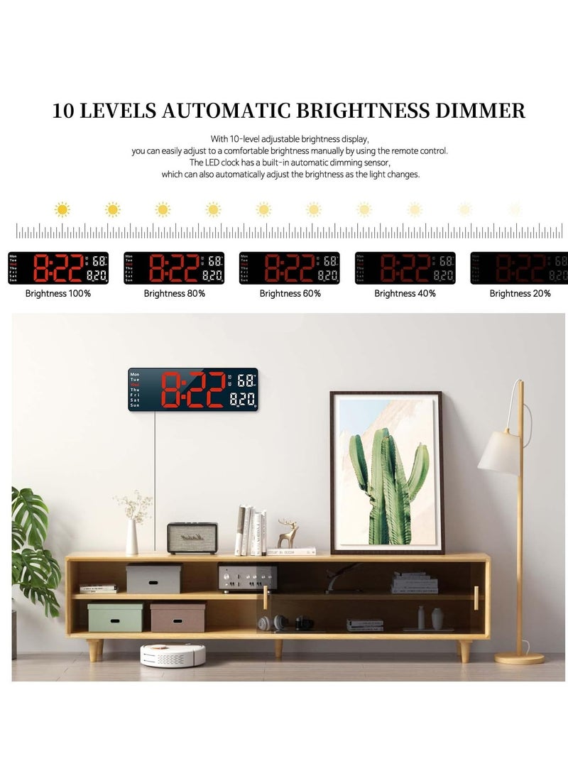 Digital Clock, Digital Wall Clock for Living Room Decor, Bedroom Computer Alarm Clock, Large Wall Clock with Remote Control, Auto Brightness Dimmer LED Clock with Date and Week Temperature (Red-B)