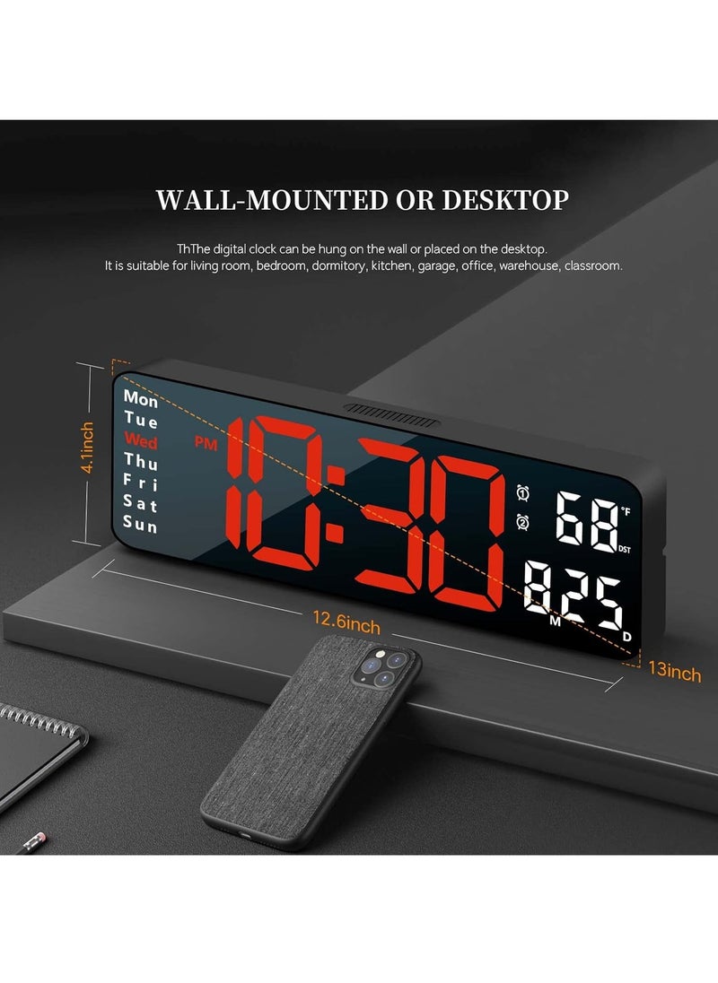 Digital Clock, Digital Wall Clock for Living Room Decor, Bedroom Computer Alarm Clock, Large Wall Clock with Remote Control, Auto Brightness Dimmer LED Clock with Date and Week Temperature (Red-B)