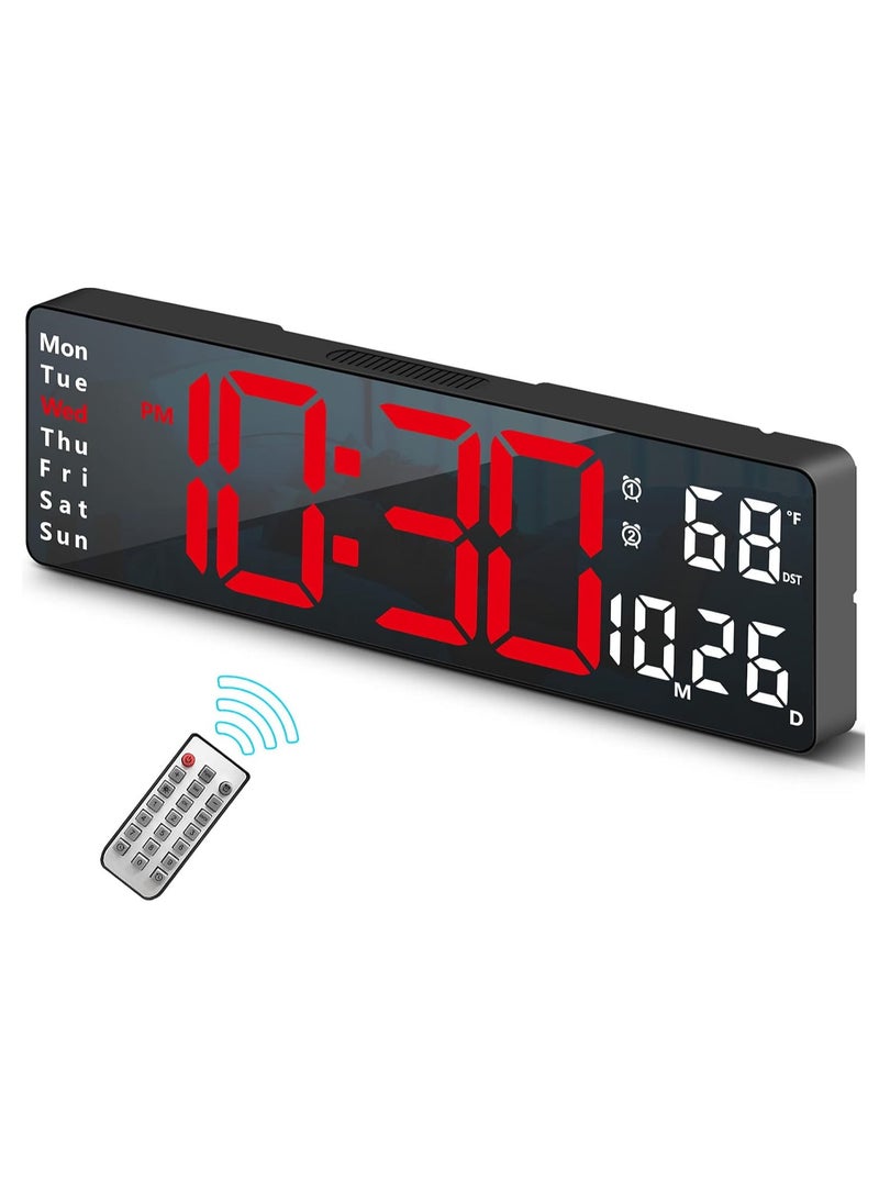 Digital Clock, Digital Wall Clock for Living Room Decor, Bedroom Computer Alarm Clock, Large Wall Clock with Remote Control, Auto Brightness Dimmer LED Clock with Date and Week Temperature (Red-B)