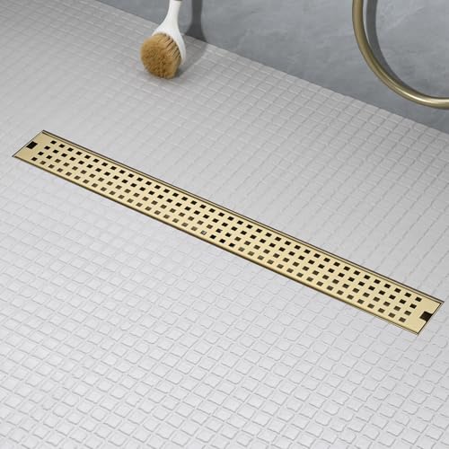 kuaisailsk 24 Inch Linear Shower Drain - Brushed Gold 304 Stainless Steel Rectangular Floor Drain with Adjustable Leveling Feet, Hair Strainer and Removable Grate - Image 1