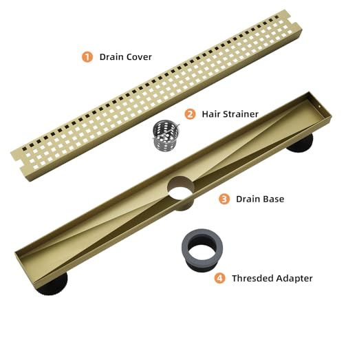 kuaisailsk 24 Inch Linear Shower Drain - Brushed Gold 304 Stainless Steel Rectangular Floor Drain with Adjustable Leveling Feet, Hair Strainer and Removable Grate - Image 4