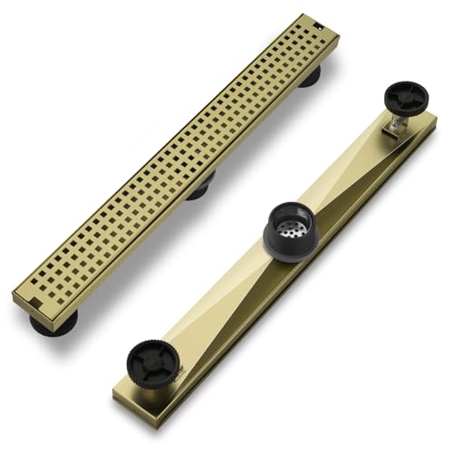 kuaisailsk 24 Inch Linear Shower Drain - Brushed Gold 304 Stainless Steel Rectangular Floor Drain with Adjustable Leveling Feet, Hair Strainer and Removable Grate - Image 3