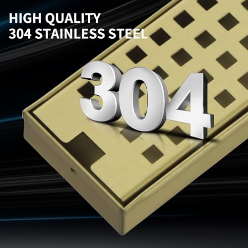 kuaisailsk 24 Inch Linear Shower Drain - Brushed Gold 304 Stainless Steel Rectangular Floor Drain with Adjustable Leveling Feet, Hair Strainer and Removable Grate - Image 5