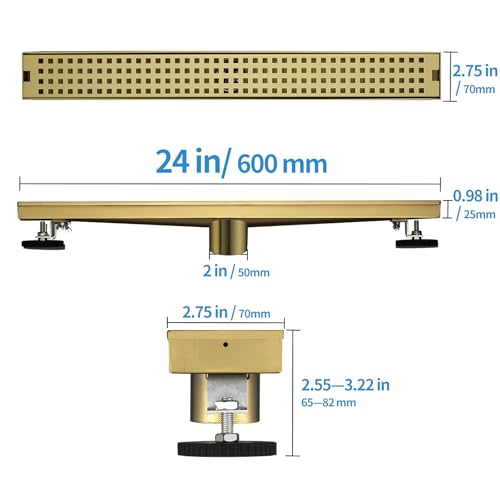 kuaisailsk 24 Inch Linear Shower Drain - Brushed Gold 304 Stainless Steel Rectangular Floor Drain with Adjustable Leveling Feet, Hair Strainer and Removable Grate - Image 2