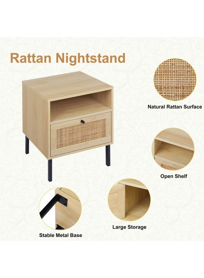 Angel Sar Rattan Nightstands Set of 2, Boho Night Stand with 1 Door, Accent End Table, Wood Bediside Table with Metal Legs&Open Shelf, Natural Wood  - Image 4