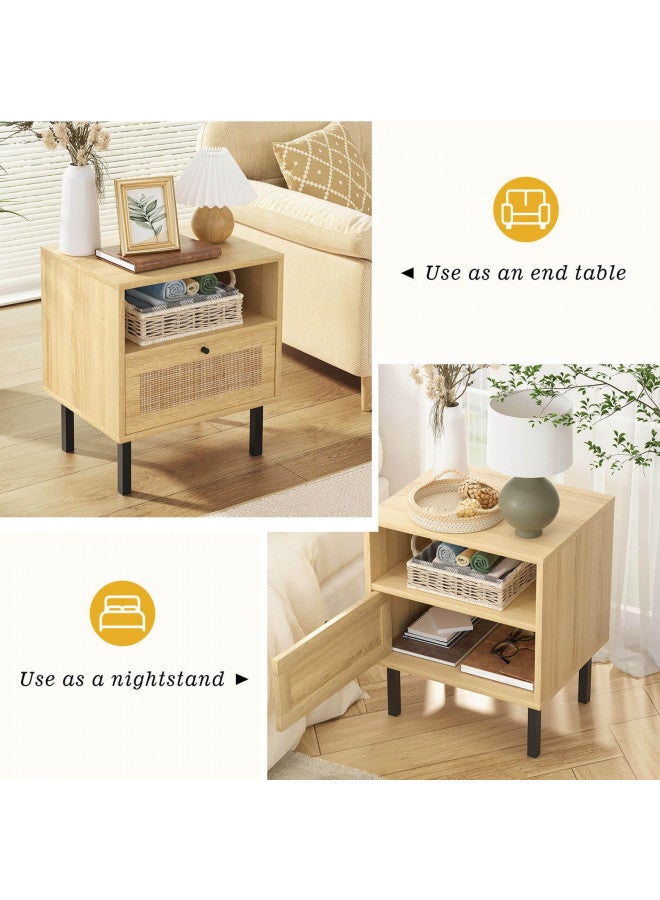 Angel Sar Rattan Nightstands Set of 2, Boho Night Stand with 1 Door, Accent End Table, Wood Bediside Table with Metal Legs&Open Shelf, Natural Wood  - Image 3