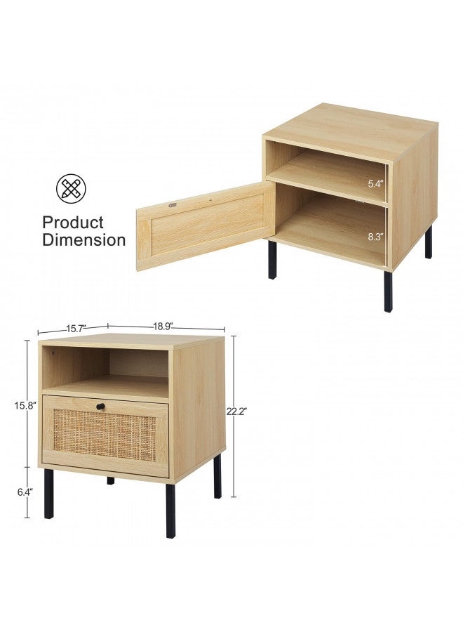 Angel Sar Rattan Nightstands Set of 2, Boho Night Stand with 1 Door, Accent End Table, Wood Bediside Table with Metal Legs&Open Shelf, Natural Wood  - Image 2