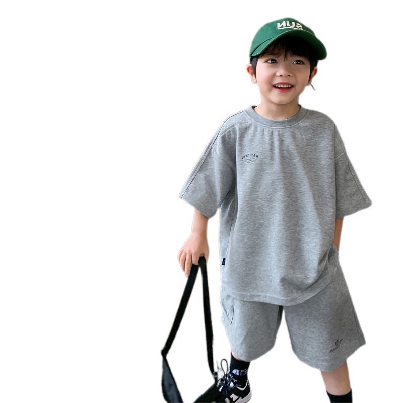 Foreign Trade Childrens Wear Boys Cotton suit Summer New Korean Casual Loose Short-sleeved Shorts Two-piece Trendy Grey suit 1006