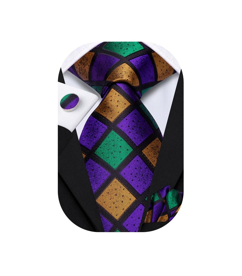 Dubulle Mens Purple Green Yellow Checks Silk Tie for Men Striped Necktie Pocket Square Cufflinks Set Wedding Business - Image 1