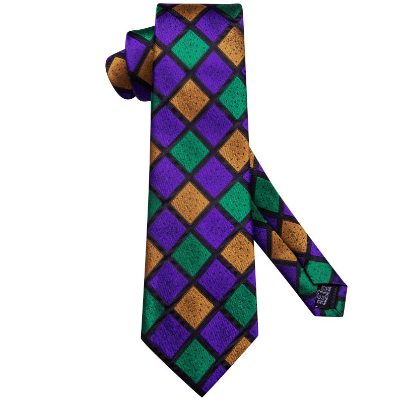 Dubulle Mens Purple Green Yellow Checks Silk Tie for Men Striped Necktie Pocket Square Cufflinks Set Wedding Business - Image 4