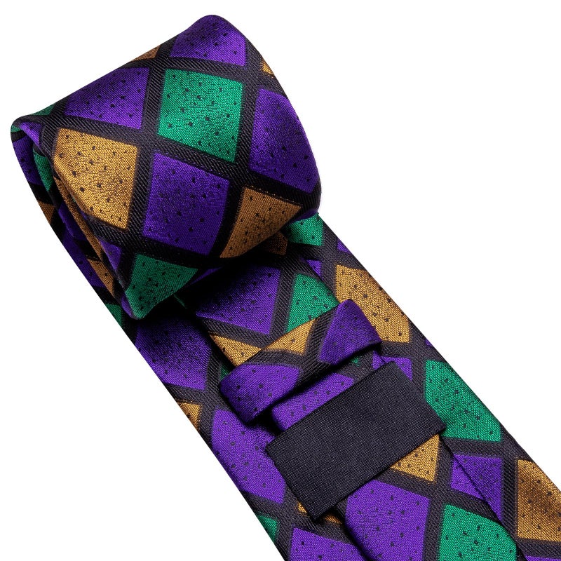Dubulle Mens Purple Green Yellow Checks Silk Tie for Men Striped Necktie Pocket Square Cufflinks Set Wedding Business - Image 5