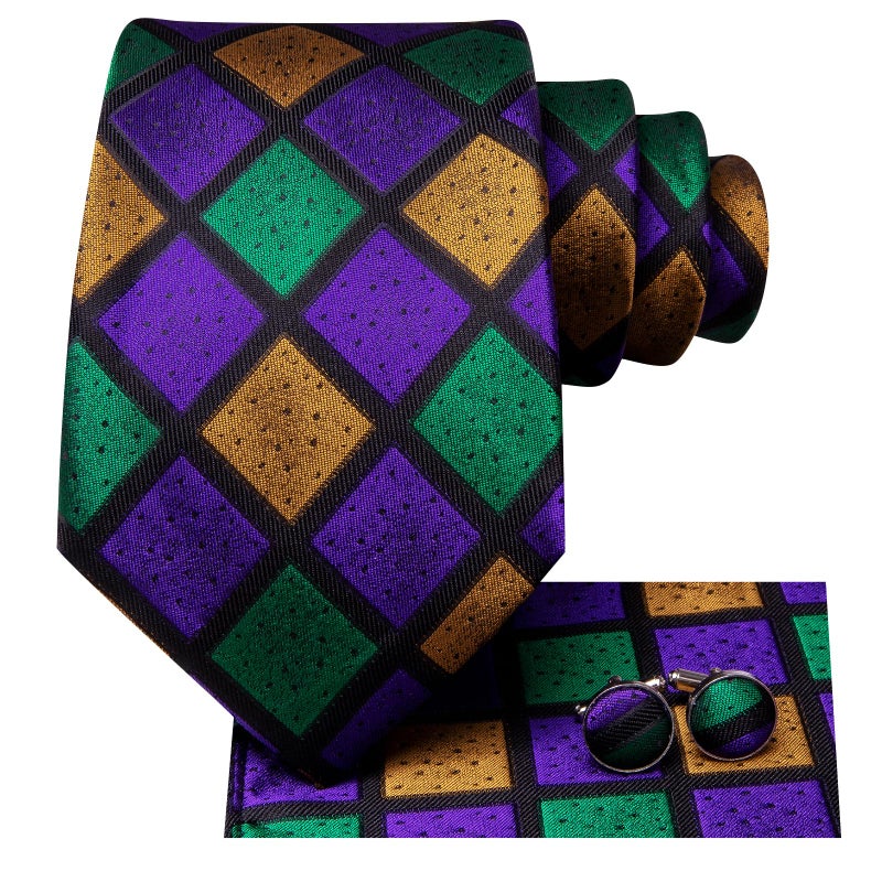 Dubulle Mens Purple Green Yellow Checks Silk Tie for Men Striped Necktie Pocket Square Cufflinks Set Wedding Business - Image 3