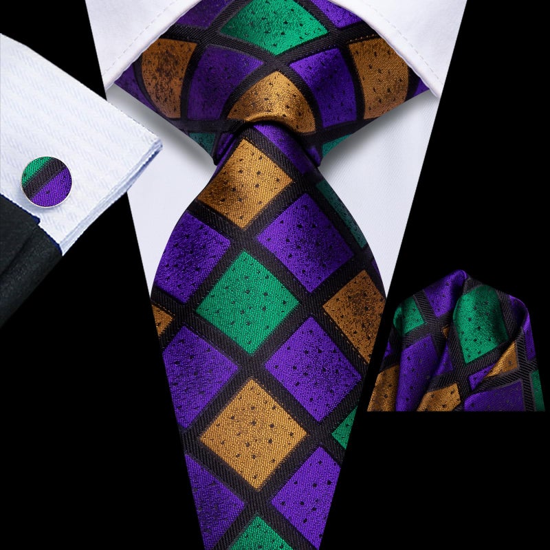 Dubulle Mens Purple Green Yellow Checks Silk Tie for Men Striped Necktie Pocket Square Cufflinks Set Wedding Business - Image 2