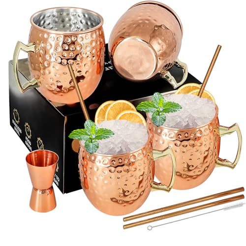 SuproBarware Moscow Mule Mugs Copper Mule Cup Kit 18oz Set of 4 with Handle Large Copper Hammered Plating Cups with 0.5oz Double Jigger, Stainless Steel Straws, Spoon for Cold Drinks Cocktails Wine - Image 1