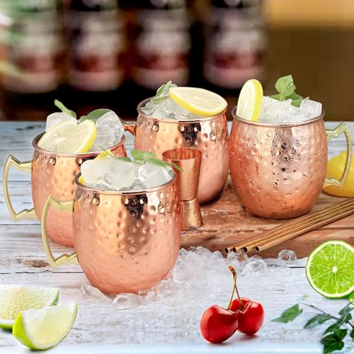 SuproBarware Moscow Mule Mugs Copper Mule Cup Kit 18oz Set of 4 with Handle Large Copper Hammered Plating Cups with 0.5oz Double Jigger, Stainless Steel Straws, Spoon for Cold Drinks Cocktails Wine - Image 2