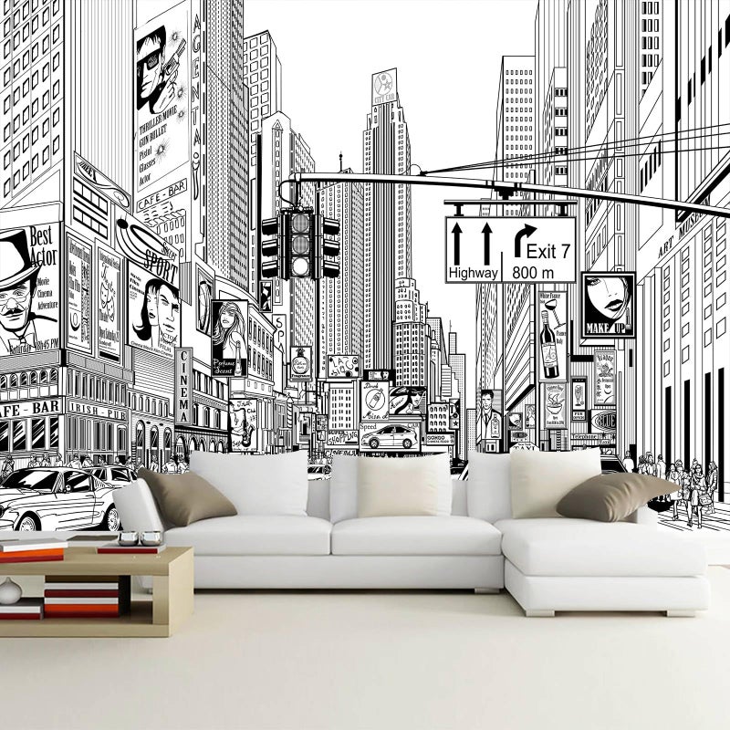 WFBHUABlack and White New York City Wallpaper Hand Painted Times Square Wall Mural Decoration for Living Room Bedroom OfficesNot Peel and Stick
