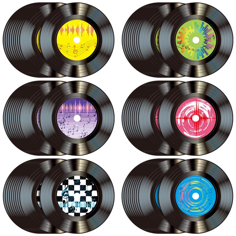 FillTouch 60 Pcs 13'' 1950's Rock and Roll Vinyl Record Placemat Vintage Musical Theme Table Place Mats Paper Round Disposable Placemats 50's Theme Rock Party Table Mats for Dining Home Decorations - Image 1