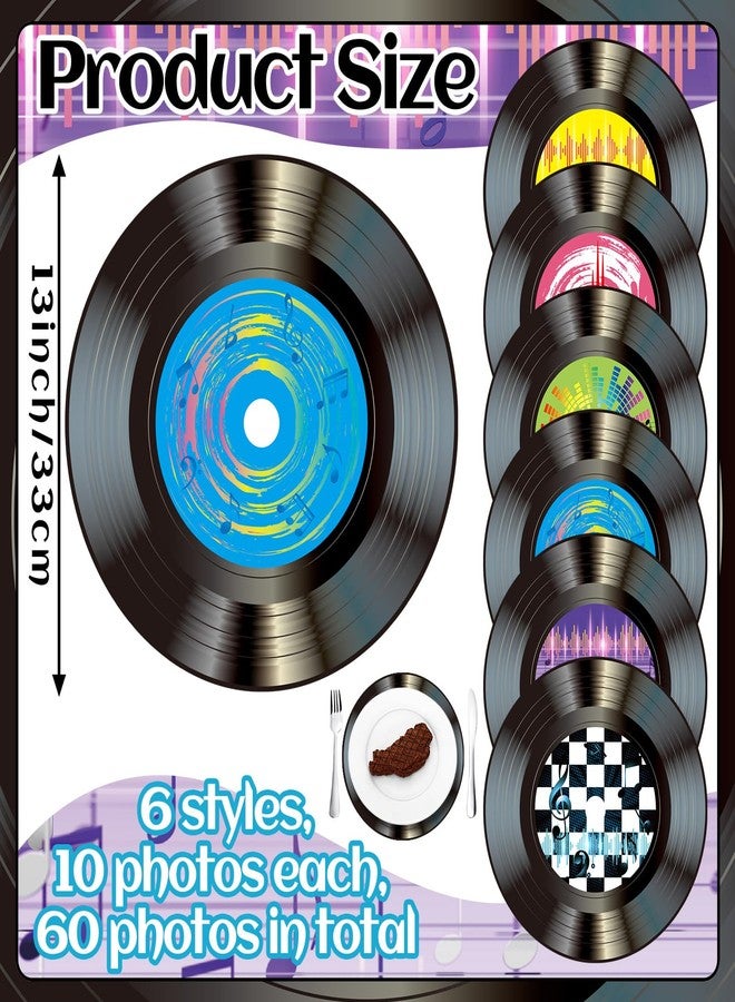 FillTouch 60 Pcs 13'' 1950's Rock and Roll Vinyl Record Placemat Vintage Musical Theme Table Place Mats Paper Round Disposable Placemats 50's Theme Rock Party Table Mats for Dining Home Decorations - Image 2