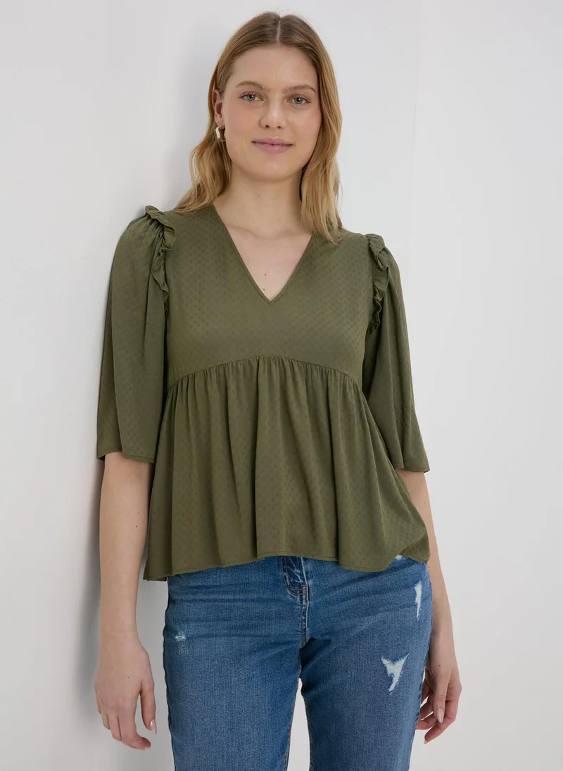 Matalan Khaki Frill Viscose Dobby Blouse Top