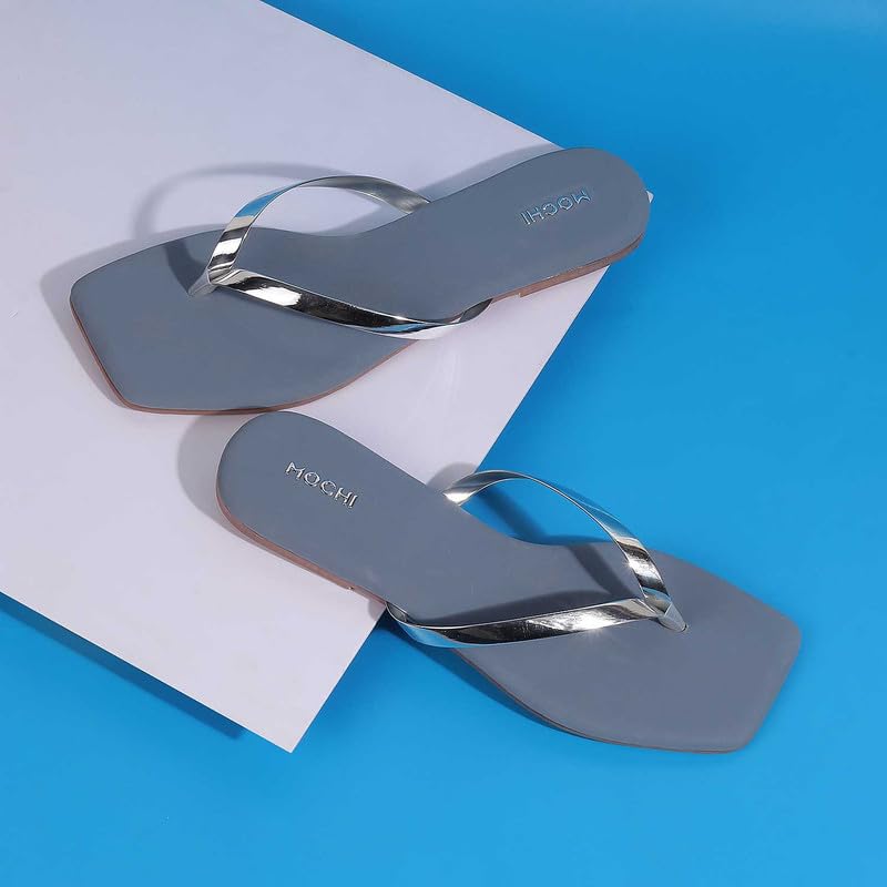 Mochi Women Silver Synthetic Leather Thong Chappal UK/7 EU/40 (32-425) - Image 2
