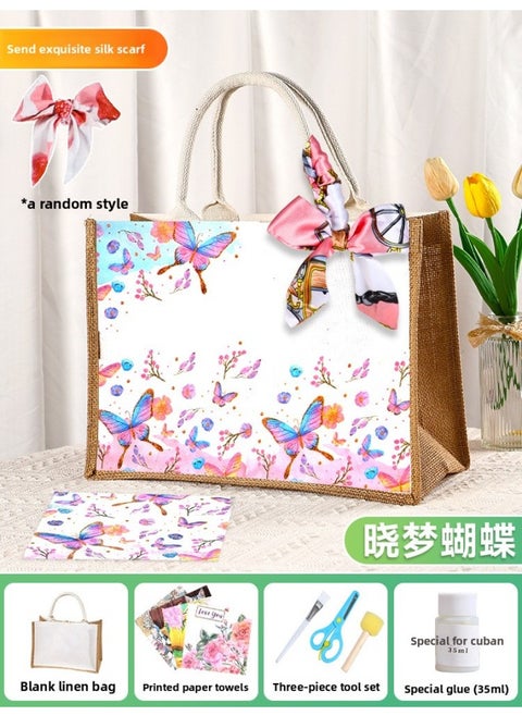 Butterfly Ancient Bart Material Bag Diy Mother's Day Canvas Bag Children's Handmade Creative Linen Bag Group Building Activity Gift-Color:Horizontal Style [niaomeng Butterfly] Comes With A Full Set Of Tools + Detailed Tutorials