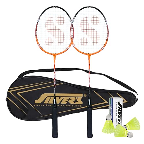 Silvers Silver's Aluminium Blast Badminton Kit (2 Racquets with Full Cover, 1 Box Plastic Shuttlecock Pack of 3)(Orange/Black) - Image 1