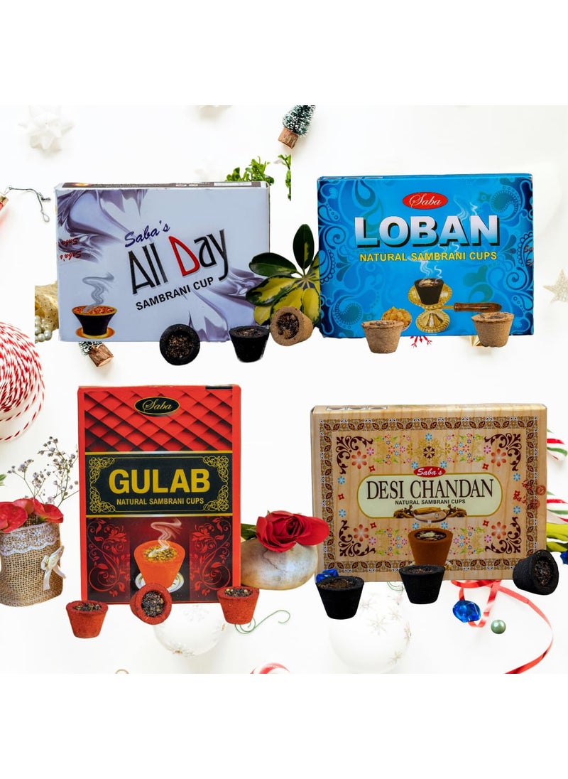 Saba Fragrance Saba All Day Rose Desi Chandan and Loban Sambrani Cups 4 Flavours Pack 