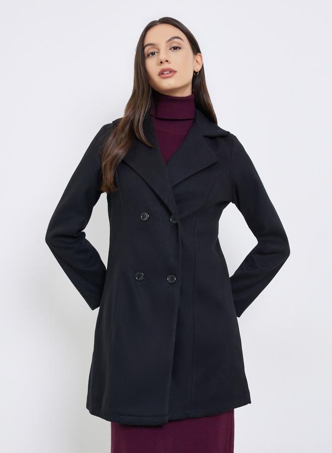 تايك تو معطف أسود سادة بأزرار وأكمام طويلة - Image 3