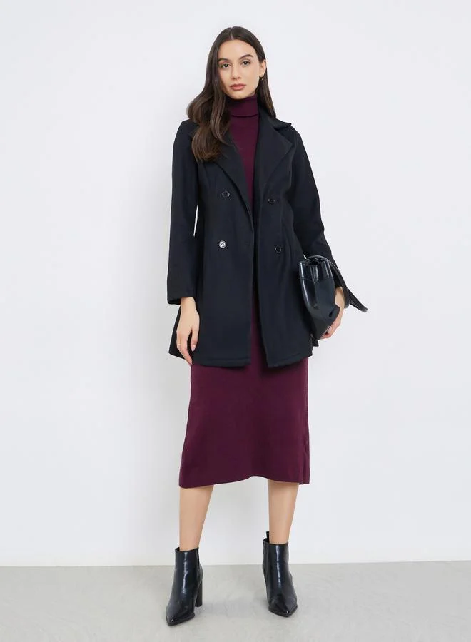 Take Two Black Solid Buttoned Long Sleeve Coat