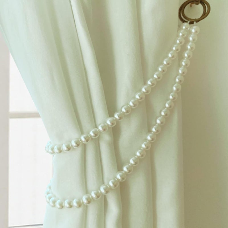 ZILucky مجموعة من 2 حامل ستائر، حوامل لؤلؤية أنيقة، معالجة نافذة يدوية، إكسسوارات ديكور كلاسيكية رومانسية (أبيض-النمط2) - Image 5