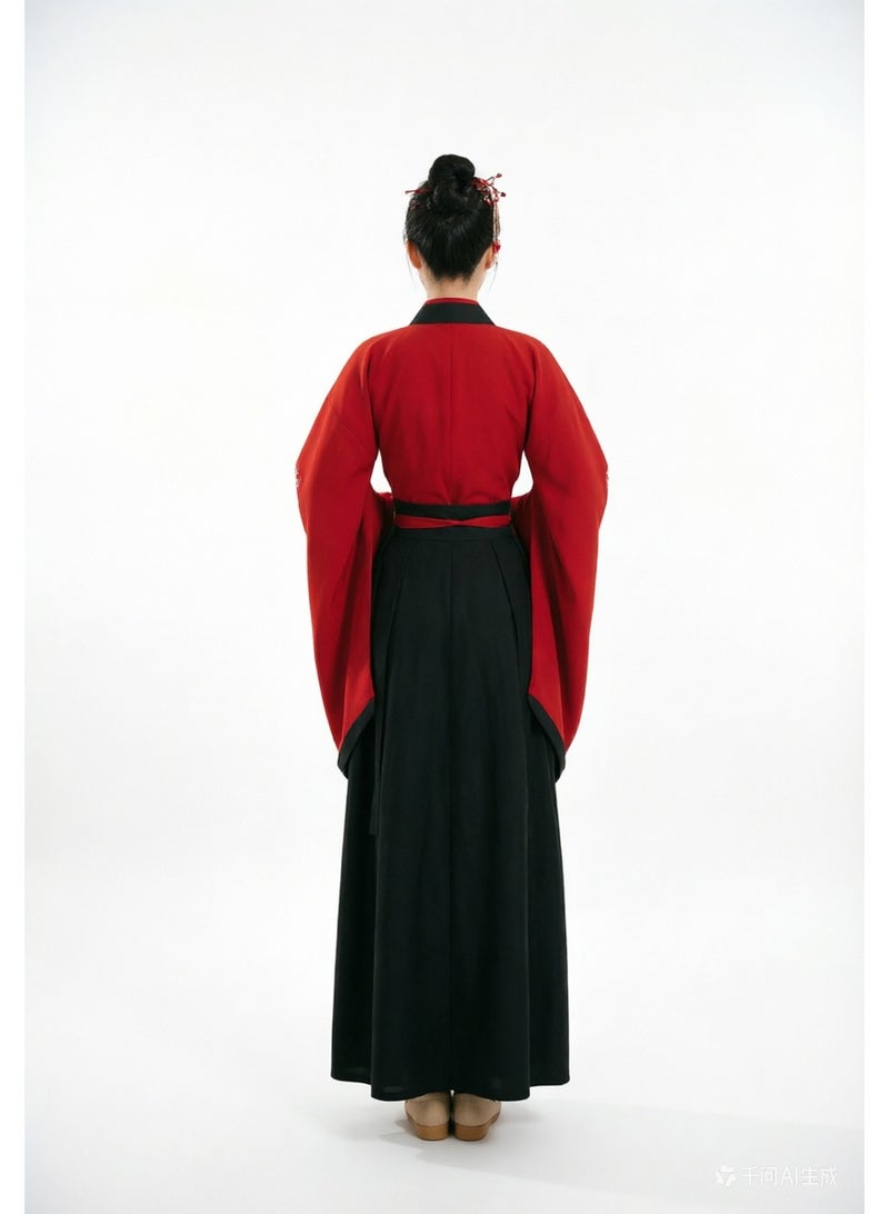liannaner Women's Traditional Chinese Hanfu Dress, Red Cross-Collar Top with Wide Sleeves & Black Embroidered Skirt, Elegant Hanfu Outfit for Cosplay, Lunar New Year & Cultural Events, M-XL - Image 4