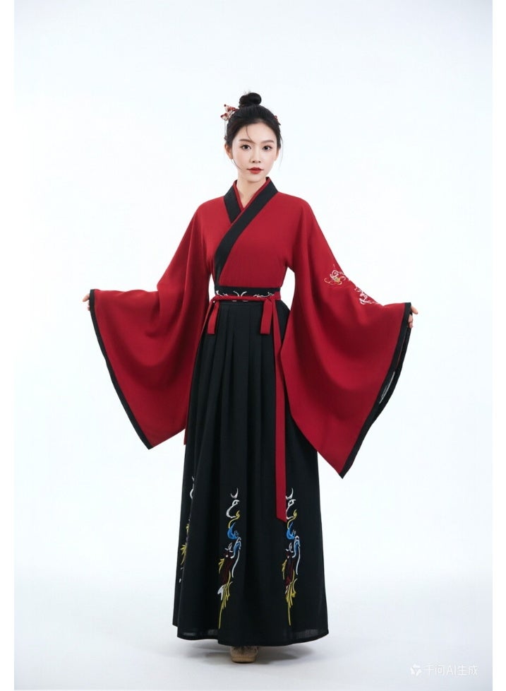 liannaner Women's Traditional Chinese Hanfu Dress, Red Cross-Collar Top with Wide Sleeves & Black Embroidered Skirt, Elegant Hanfu Outfit for Cosplay, Lunar New Year & Cultural Events, M-XL - Image 2