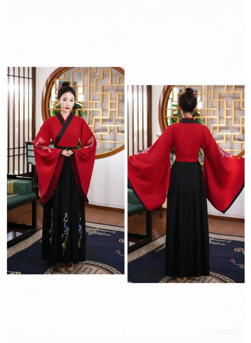 liannaner Women's Traditional Chinese Hanfu Dress, Red Cross-Collar Top with Wide Sleeves & Black Embroidered Skirt, Elegant Hanfu Outfit for Cosplay, Lunar New Year & Cultural Events, M-XL - Image 5