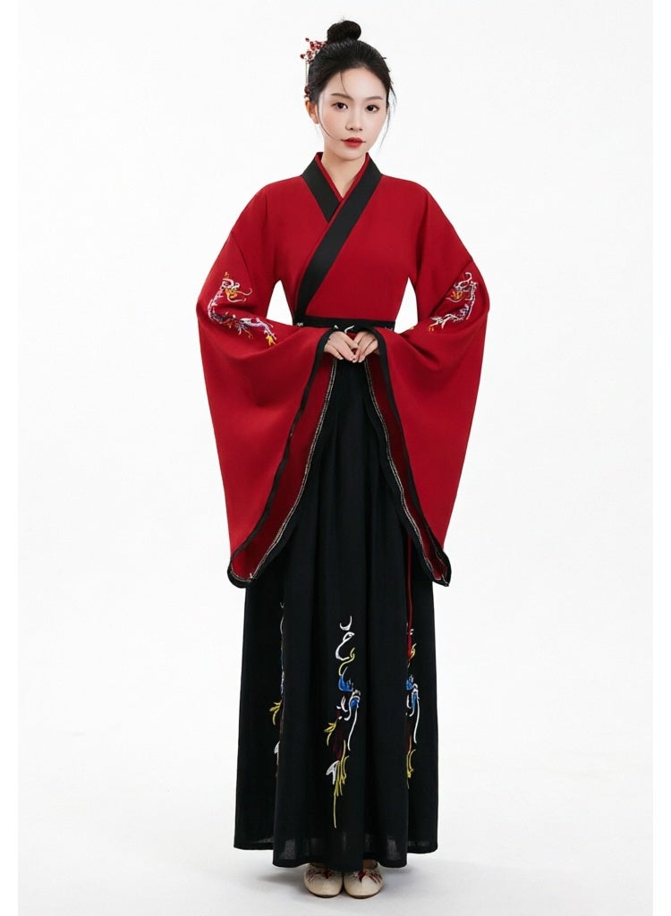 liannaner Women's Traditional Chinese Hanfu Dress, Red Cross-Collar Top with Wide Sleeves & Black Embroidered Skirt, Elegant Hanfu Outfit for Cosplay, Lunar New Year & Cultural Events, M-XL - Image 1