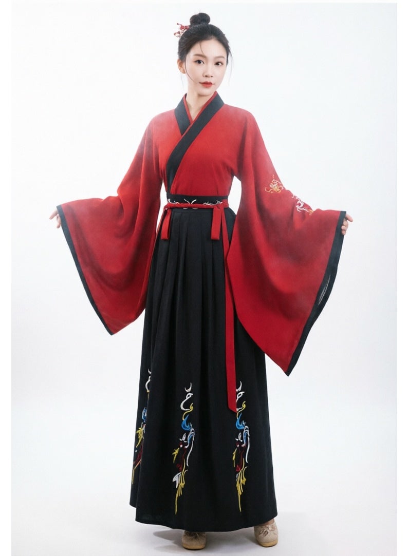 liannaner Women's Traditional Chinese Hanfu Dress, Red Cross-Collar Top with Wide Sleeves & Black Embroidered Skirt, Elegant Hanfu Outfit for Cosplay, Lunar New Year & Cultural Events, M-XL - Image 3