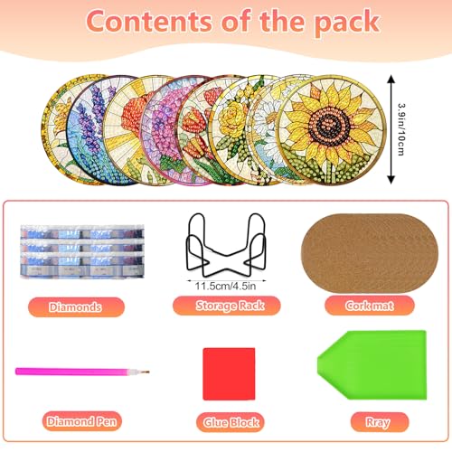 hkejoi 8 Pcs Flower Diamond Art Coasters Kit for Adults, Flowers Diamond Painting Coasters with Holder, 5D Gem Art DIY Crafts Diamond Dots for Gift Life - Image 3