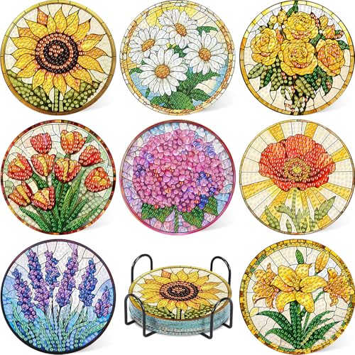 hkejoi 8 Pcs Flower Diamond Art Coasters Kit for Adults, Flowers Diamond Painting Coasters with Holder, 5D Gem Art DIY Crafts Diamond Dots for Gift Life - Image 1