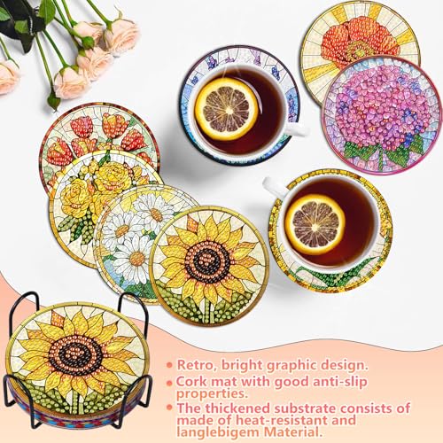 hkejoi 8 Pcs Flower Diamond Art Coasters Kit for Adults, Flowers Diamond Painting Coasters with Holder, 5D Gem Art DIY Crafts Diamond Dots for Gift Life - Image 2