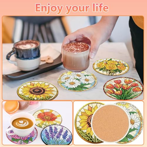 hkejoi 8 Pcs Flower Diamond Art Coasters Kit for Adults, Flowers Diamond Painting Coasters with Holder, 5D Gem Art DIY Crafts Diamond Dots for Gift Life - Image 4