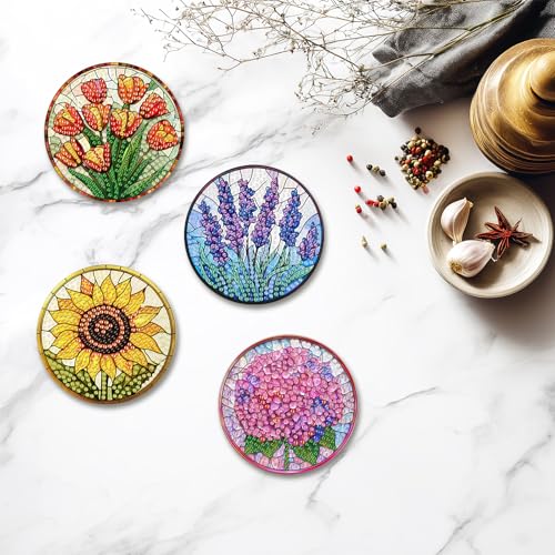 hkejoi 8 Pcs Flower Diamond Art Coasters Kit for Adults, Flowers Diamond Painting Coasters with Holder, 5D Gem Art DIY Crafts Diamond Dots for Gift Life - Image 5